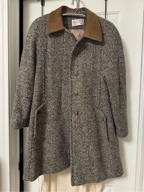 Vintage D’allsirds Brown Tweed Wool Blend genuine leather collar Coat